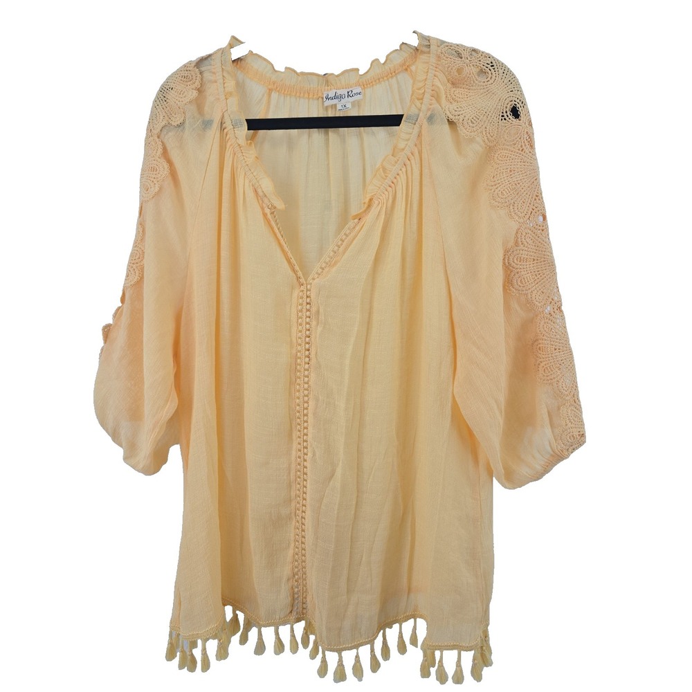 Indigo Rose Women's Plus 1X Yellow Gauzy Fringe Ruffle Tunic Top (Shell)